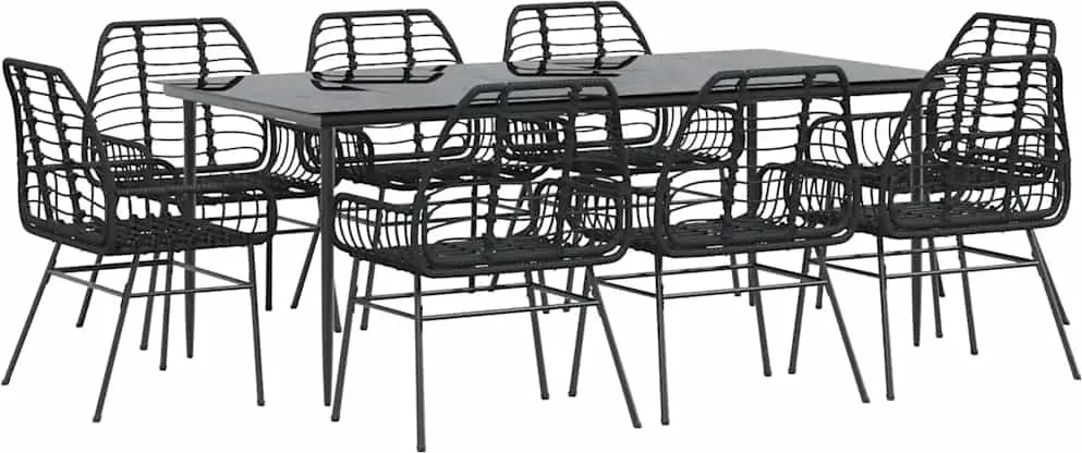 vidaXL 9 részes fekete polyrattan üveg kerti étkezőgarnitúra
