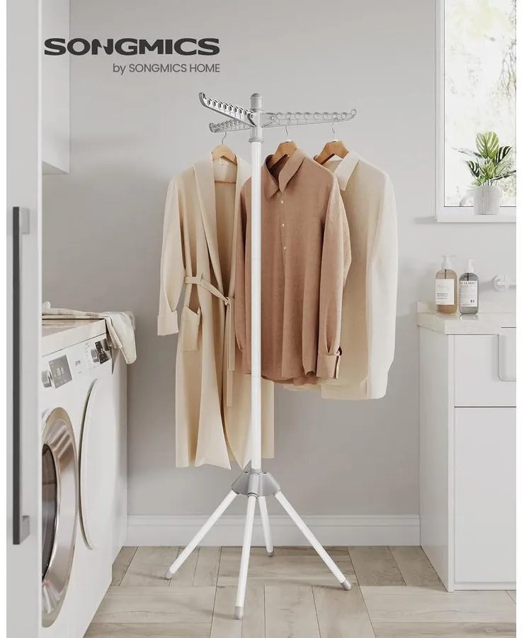 Ruhaszárító állvány, 3 forgatható karral vállfák számára 150 cm magas, szürke és fehér színben