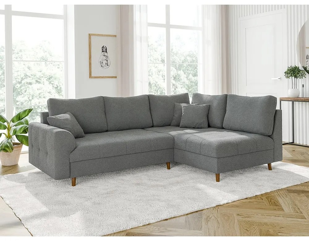 Szürke buklé sarokkanapé (jobb oldali-L alakú) Ariella – Ropez