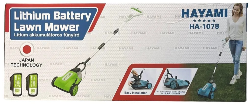 HAYAMI HA-1078 fűnyíró + 2x akkumulátor + tartozékok