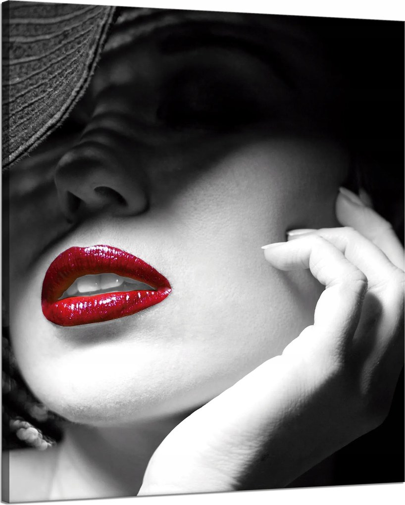 Vászonkép Piros Száj Nők Fekete Kalap Elegancia 80x100 cm
