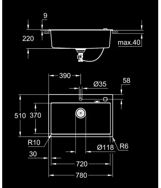 GROHE 31652AP0 - K700 kompozit mosogató 780 × 510 mm gránit/fekete