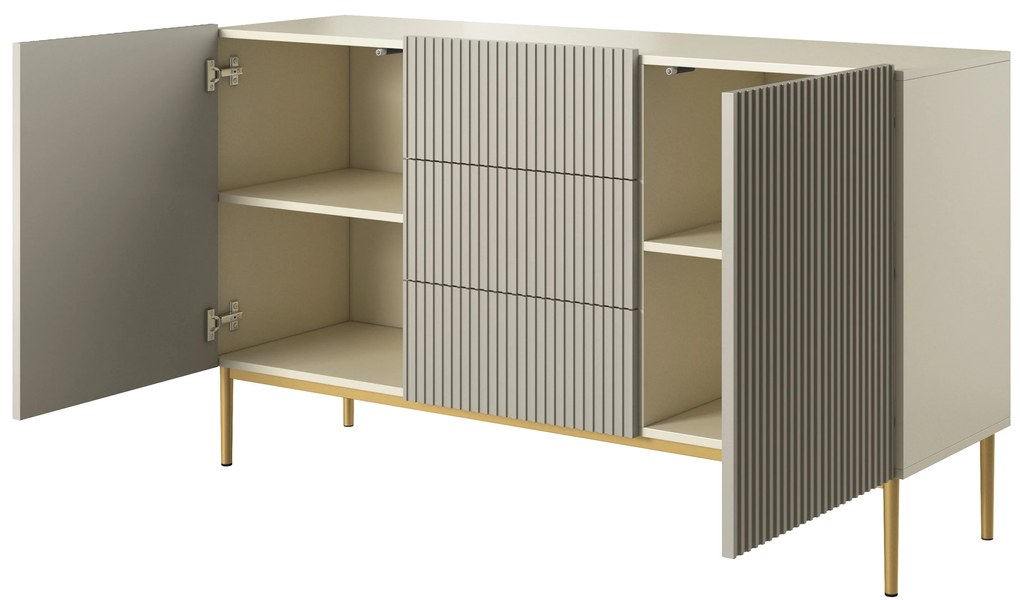 Nicole komód 150 cm fiókos, bordázott előlap - kasmír / arany lábak