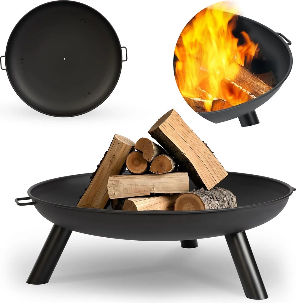 Kerti Tűzrakóhely 80cm Fogantyúkkal Nagy Tömör Acél Grill Tűzrakóhely