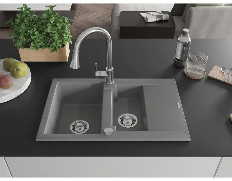 Mexen Gaspar, 1,5 kamrás gránit mosogató 737x475x177 mm és Elia mosogató csaptelep, szürke, 6507-71-670101-00