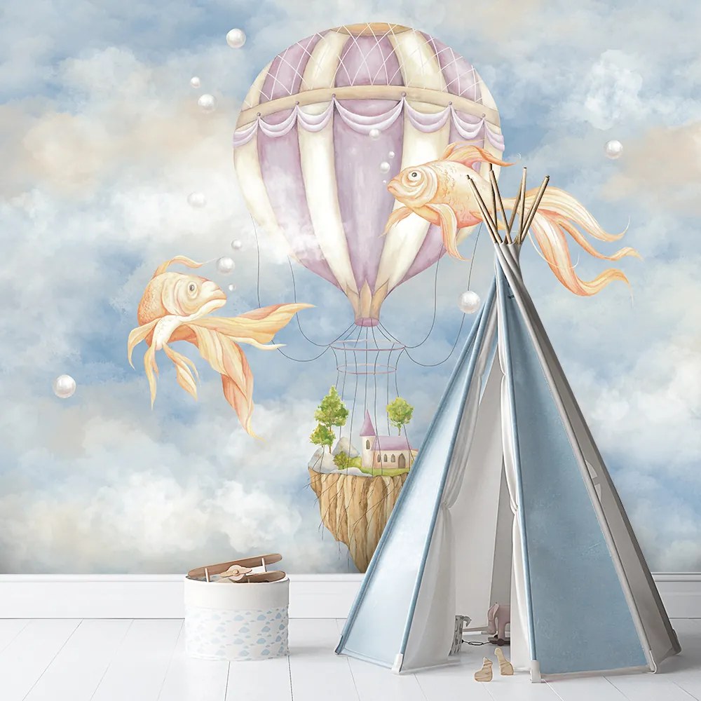 Gario Fotótapéta Holégballon, ház és halak a kék égen Anyag: Vlies, Méret: 100 x 70 cm