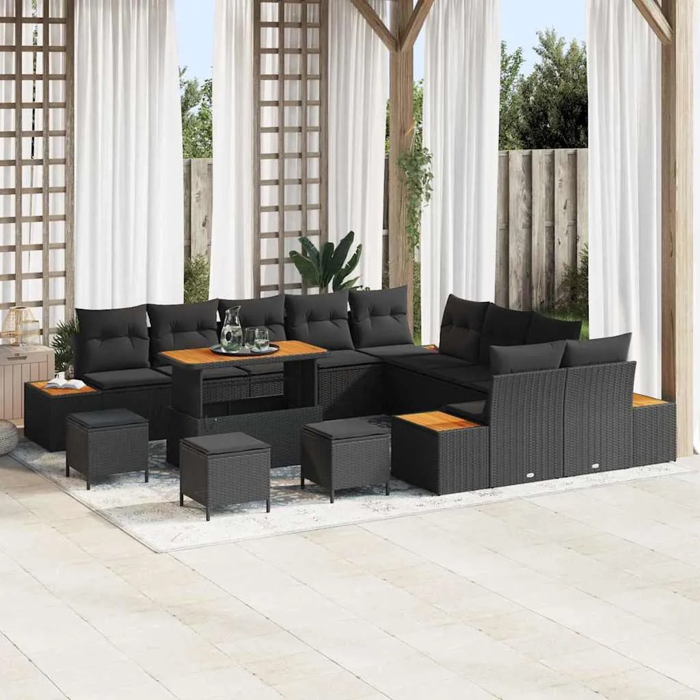 Kerti Kanapé Szett párnával tárolóval 14 pcs Fekete Poli rattan