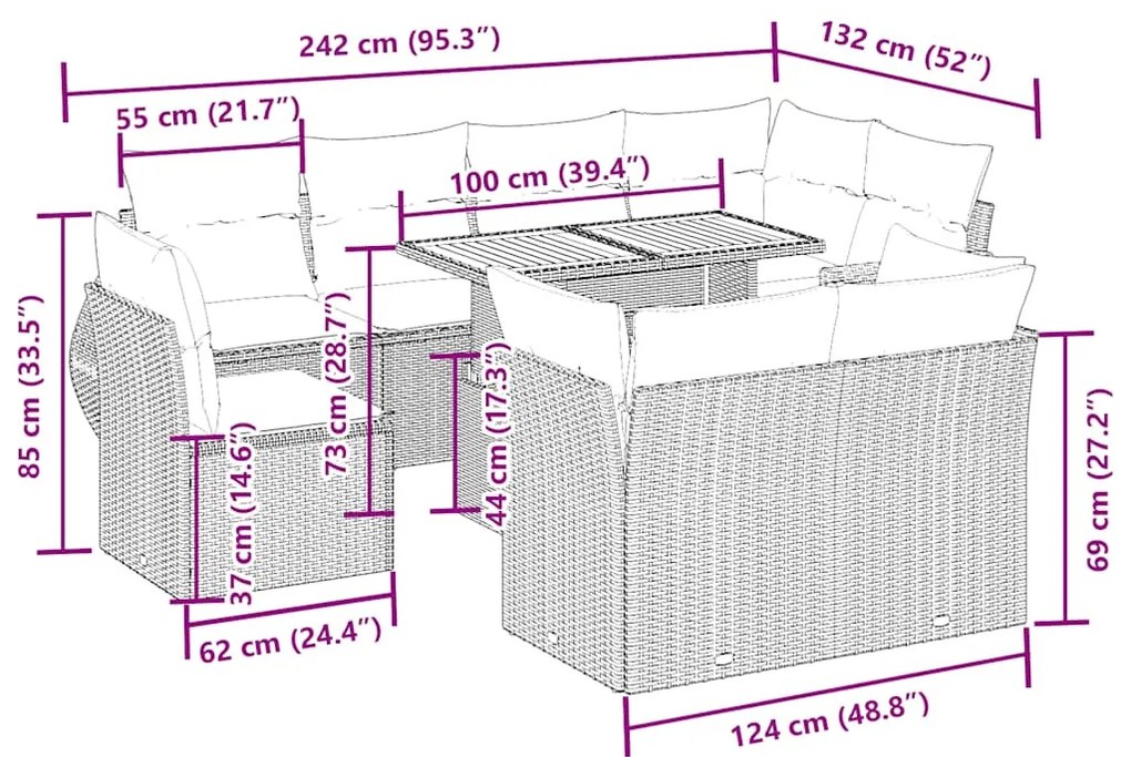 9-részes bézs polyrattan kerti ülőgarnitúra párnákkal