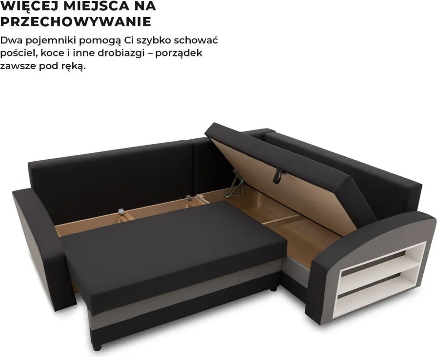 Grande sarokkanapé polcokkal , polc a jobb karfaban, jobboldali, szövet anyag, hab töltet, fekete - szürke