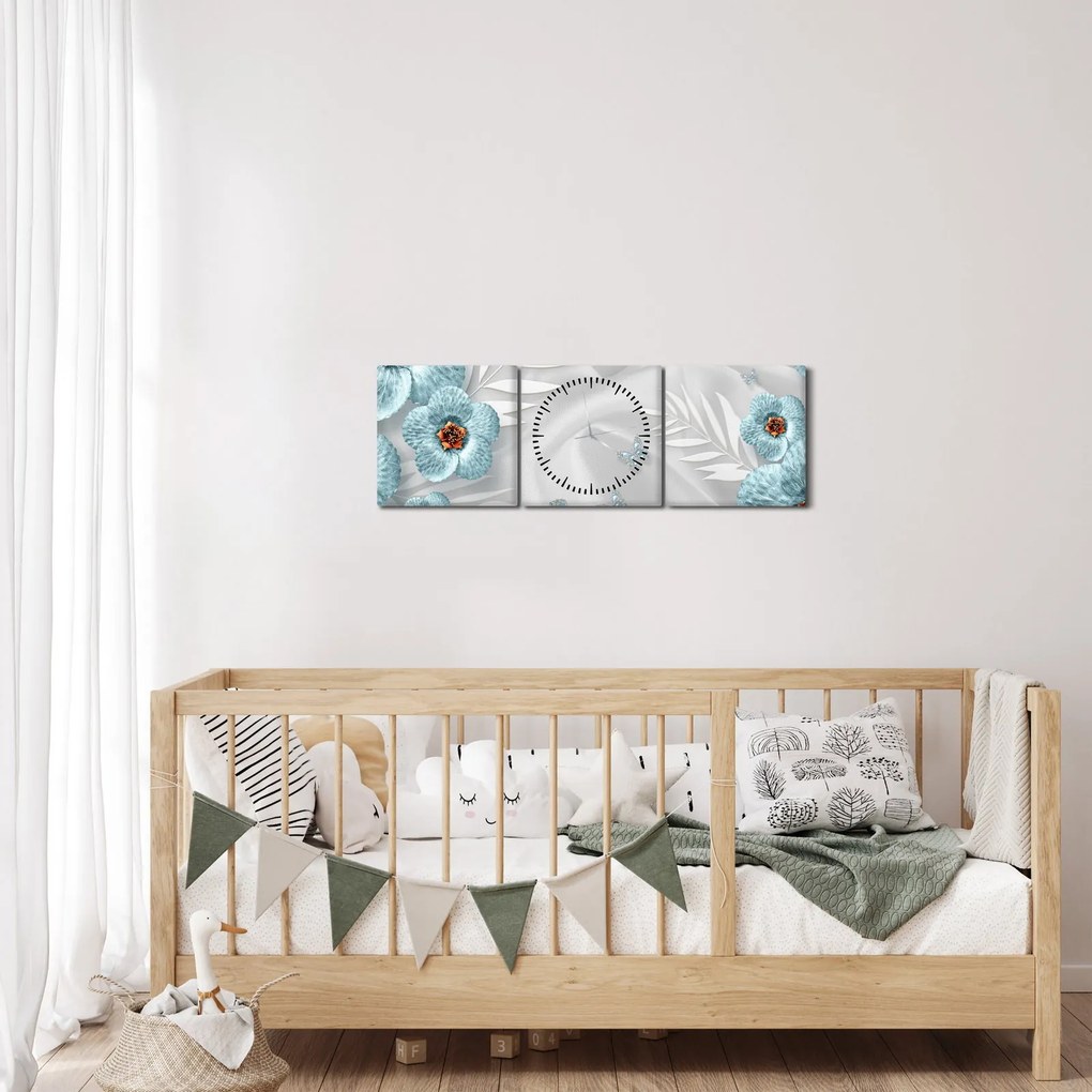 Kép - 3D kék virágok (órával) (90x30 cm)