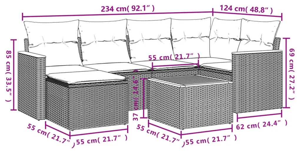 7 részes fekete polyrattan kerti ülőgarnitúra párnával