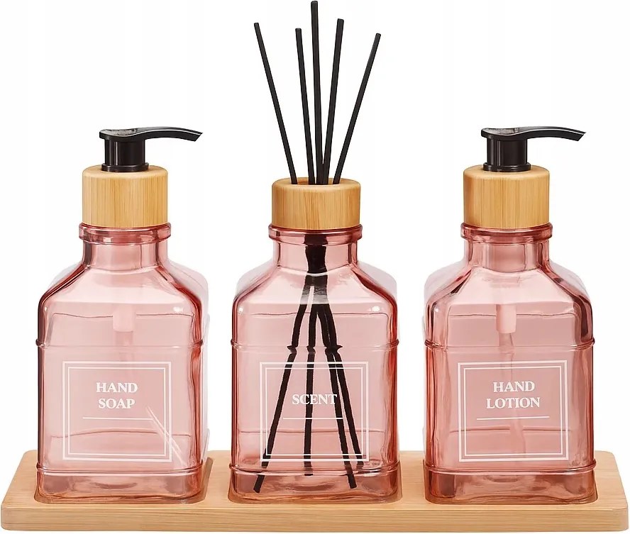 Fürdőszoba szett Rózsaszín Üveg adagoló diffúzor Bambusz tálca 7X7X15 CM