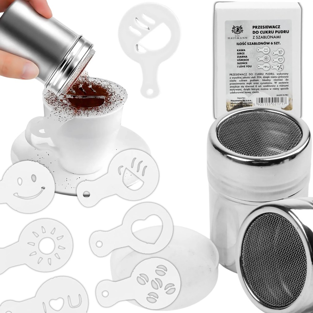 Szóróedény Szitával Porcukor, Kakaó És Sütemények Szórásához, Sablonokkal