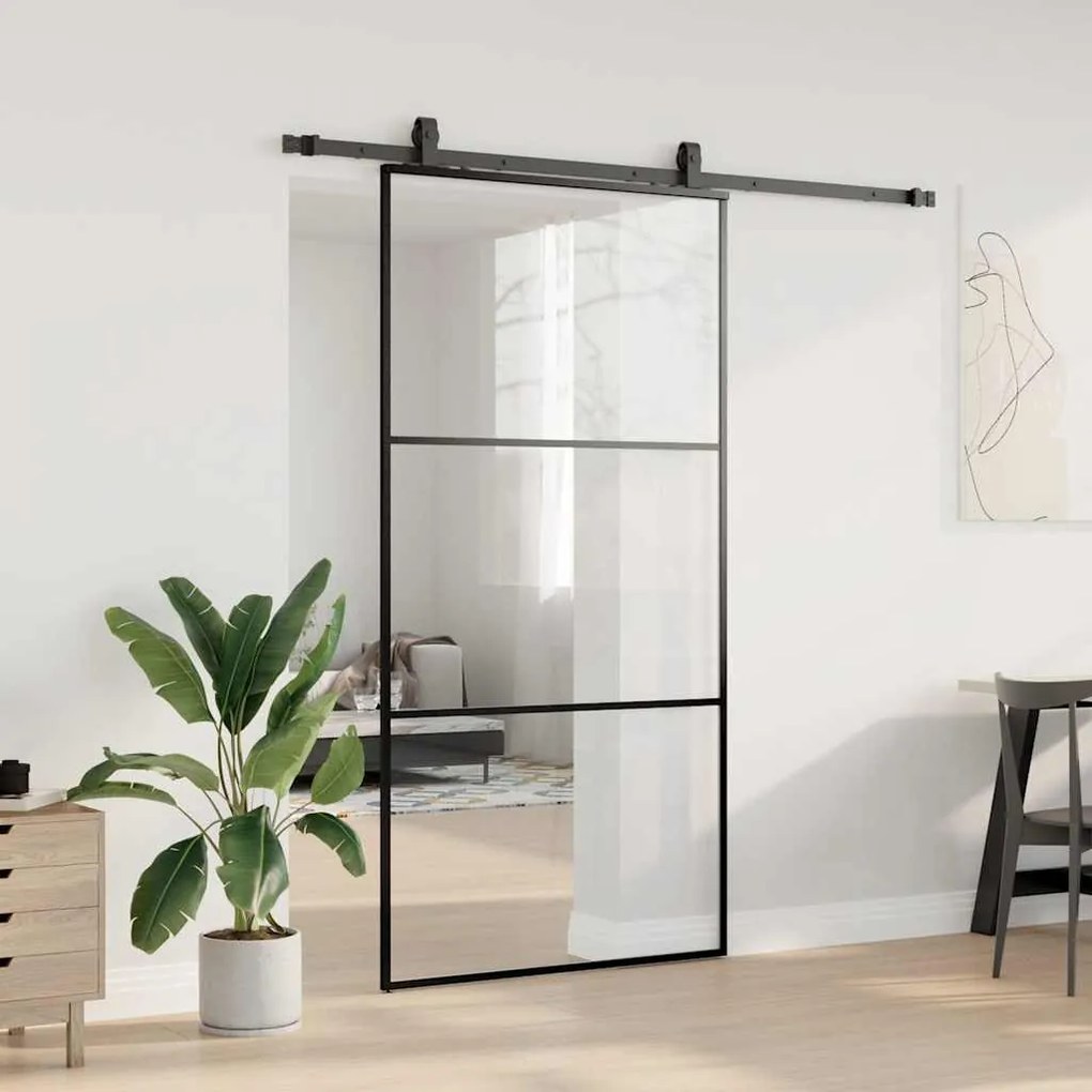 fekete ESG üveg tolóajtó fémszerelvény-szettel 102x205 cm