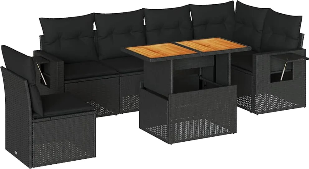 vidaXL 7 részes fekete polyrattan kerti ülőgarnitúra párnával