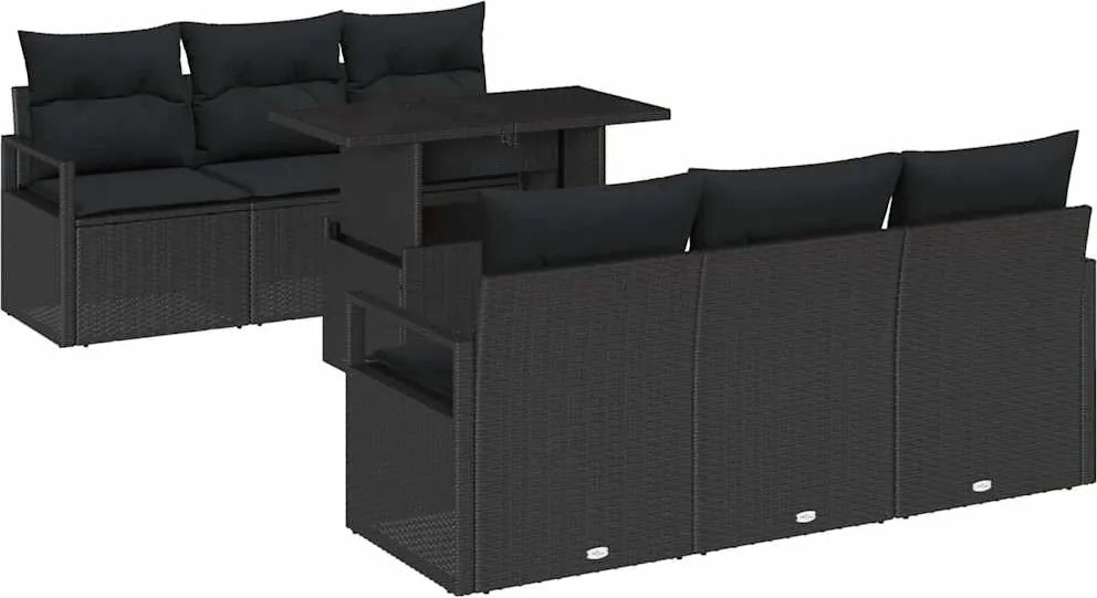 vidaXL Kerti Kanapé Szett tárolóval párnával 7 pcs Fekete polirattan