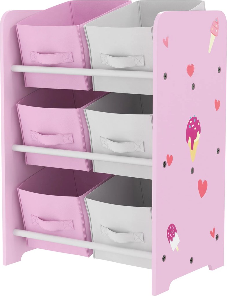 AIYAPLAY Gyermek Könyvespolc 3+ Éves Gyermekeknek Játékpolc 6 Leszedhető Nem Woven Szövet Dobozzal Játék Szervező Gyerekszobába 43x30x60 cm Rózsaszín