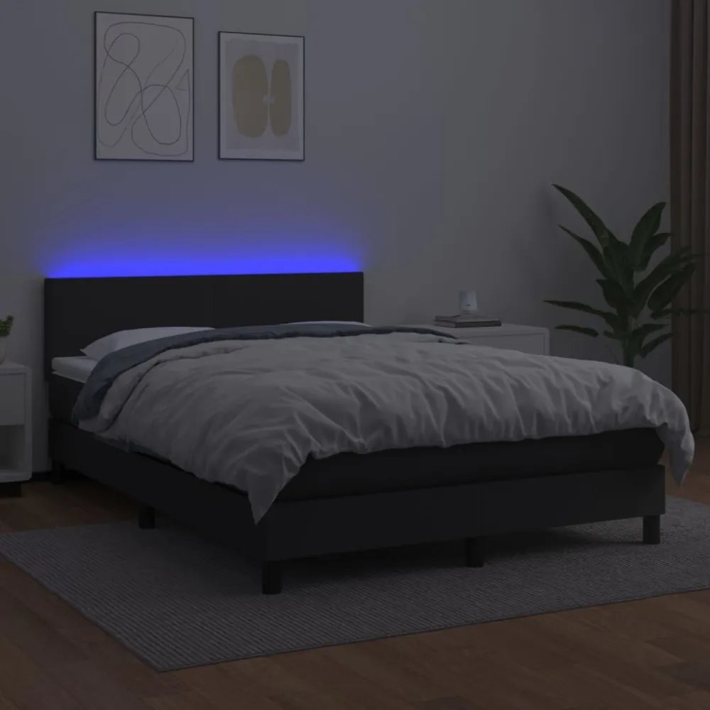 fekete műbőr rugós ágy matraccal és LED-del 140x200 cm