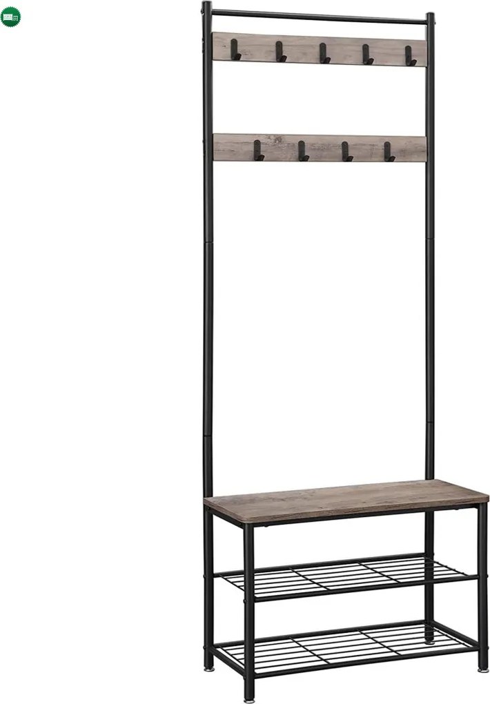 Előszoba fogas polccal, akasztókkal, cipőtartóval és ülőkével, greige 70x32x175cm