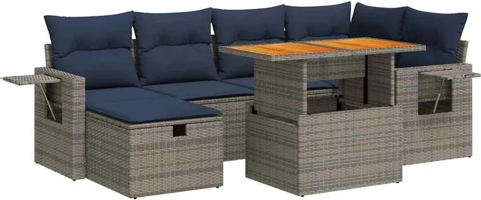 vidaXL 7 részes fekete polyrattan akácfa kerti ülőgarnitúra párnával