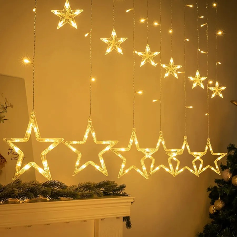 100 LED-es elemes Csillag-jégcsap kültéri-beltéri fényfüggöny, meleg fehér, 200 cm széles, 8 világítási móddal