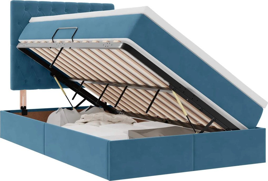 vidaXL Ágy tárolóval és matraccal Sötét kék 120 x 200 cm Bársony