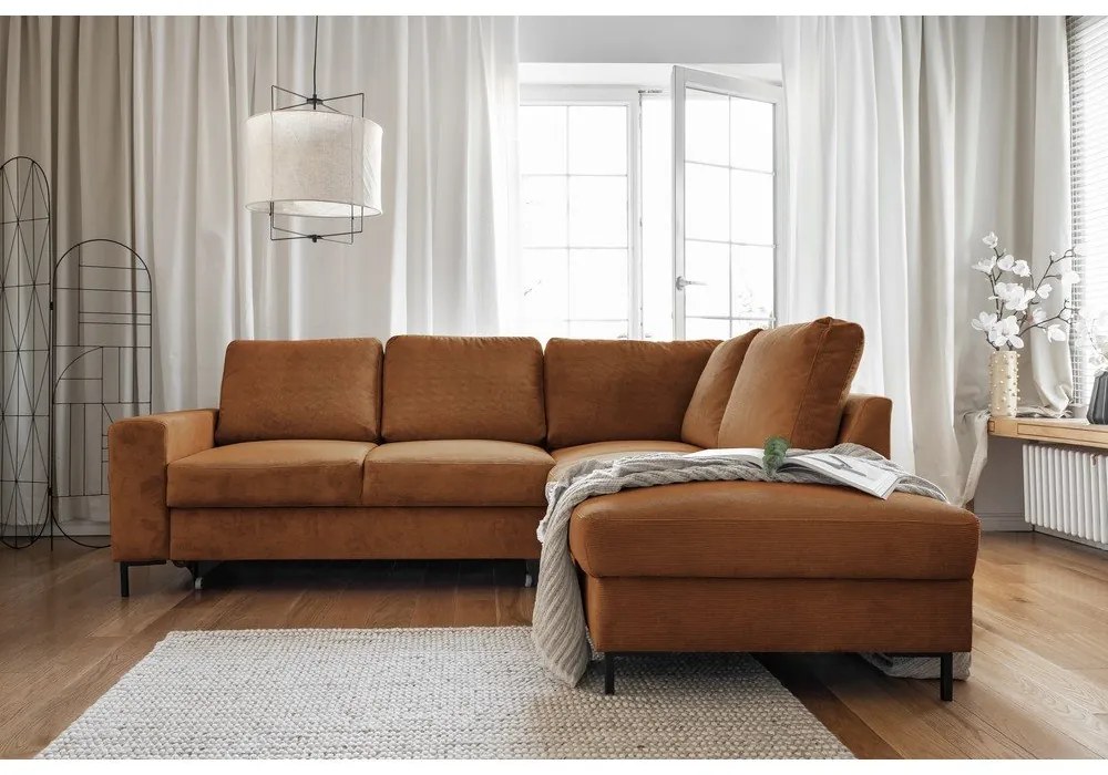 Narancssárgásbarna kordbársony kinyitható sarokkanapé (jobb oldali) Lofty Lilly – Miuform