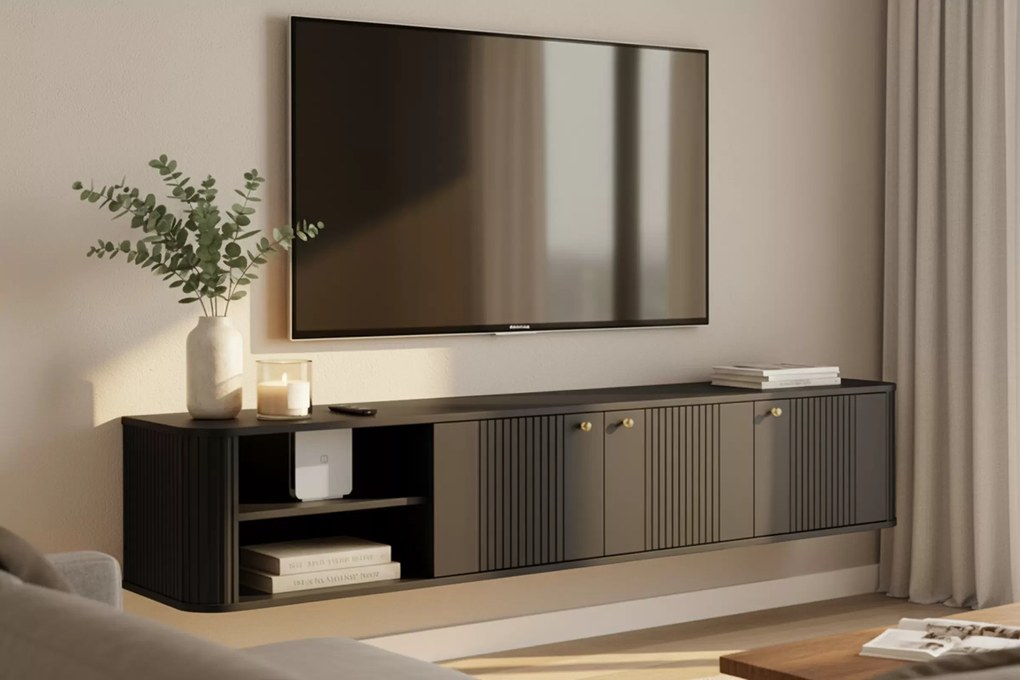 Vesper 3D fali TV szekrény 187 cm talapzaton - fekete / arany fogantyúk