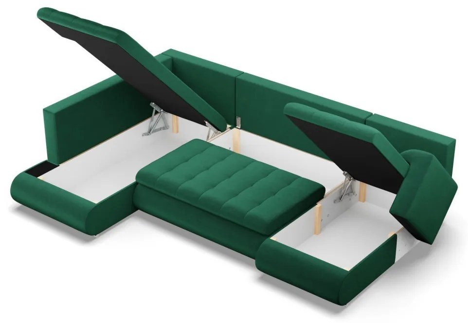 Tokio U sarokkanapé, 3 ágyneműtartóval, bársony, baloldali, zöld