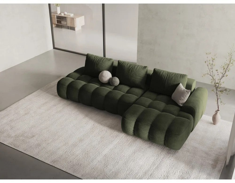 Zöld bársony kinyitható-tárolóhelyes sarokkanapé (jobb oldali-heverő résszel) Linz – Cosmopolitan Design