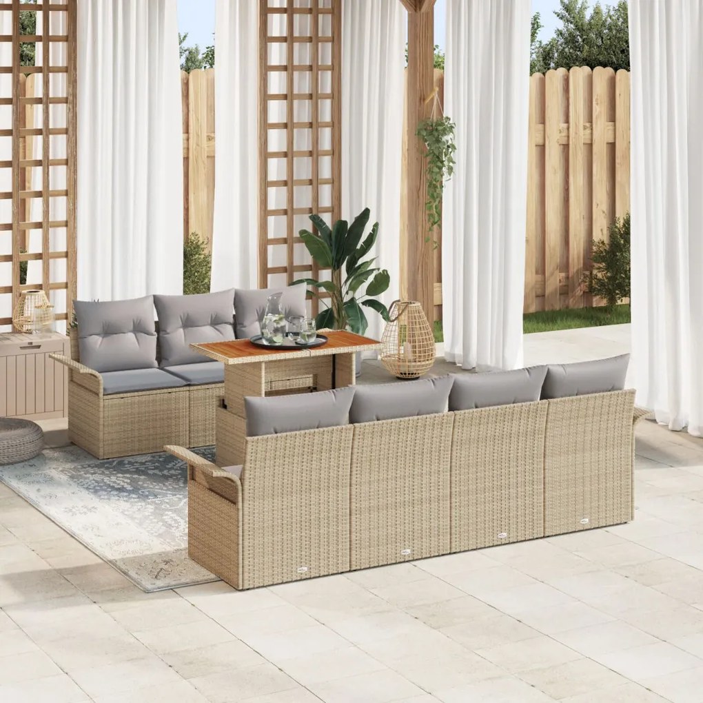 8 darabos Kerti Kanapé Szett Párnákkal Bézs Poli Rattan Acacia