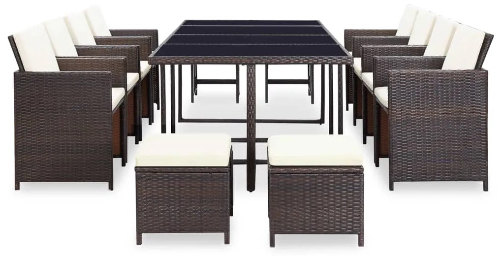vidaXL 13-részes barna kültéri polyrattan étkezőszett párnákkal