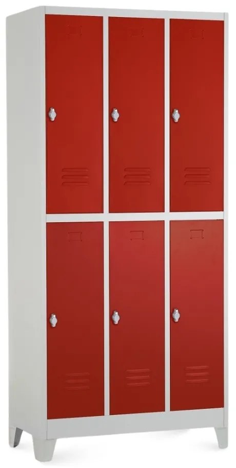 Fém szekrény - 6 doboz, 90 x 45 x 195 cm, fix lábakkal, lakathoz zár, piros - ral 3000