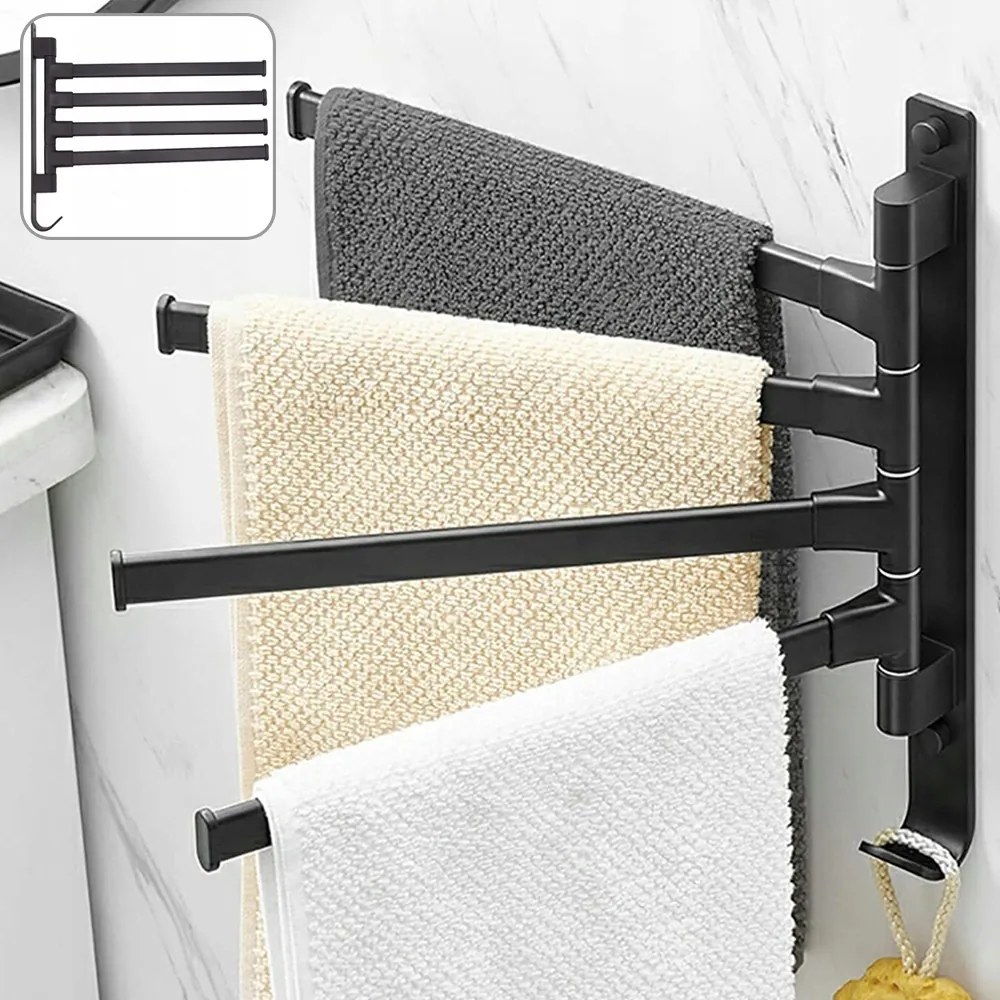 Fürdőszobai fali törölközőtartó, fekete, forgatható