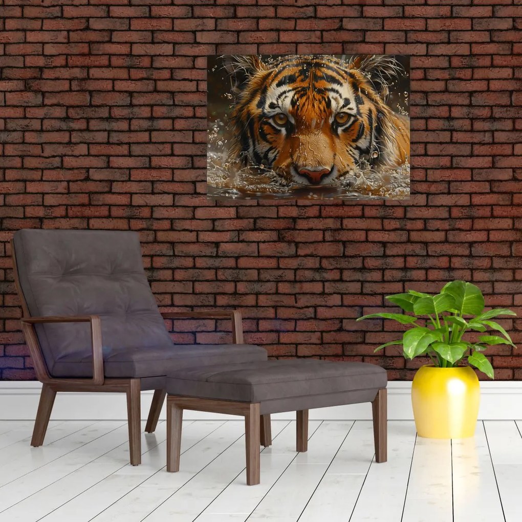 Üveg kép - Portré egy tigris a vízben (70x50 cm)