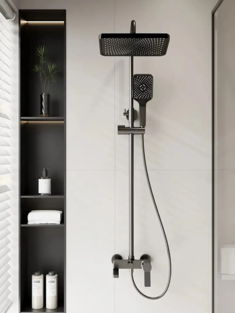 Caldo Freddo Zuhanyrendszer - CSAPTELEPPEL - szögletes - fejzuhany, zuhanyfej, gégecső - GUNMETAL