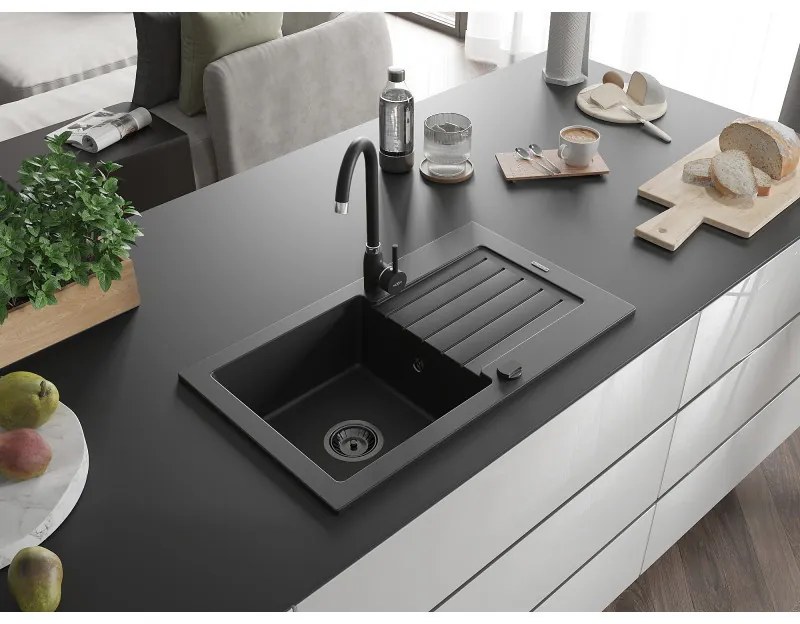 Mexen Pablo, gránit mosogató 752x436x161 mm, 1 kamrás és fekete Telma csaptelep, fekete, 6510-77-670200-70-B