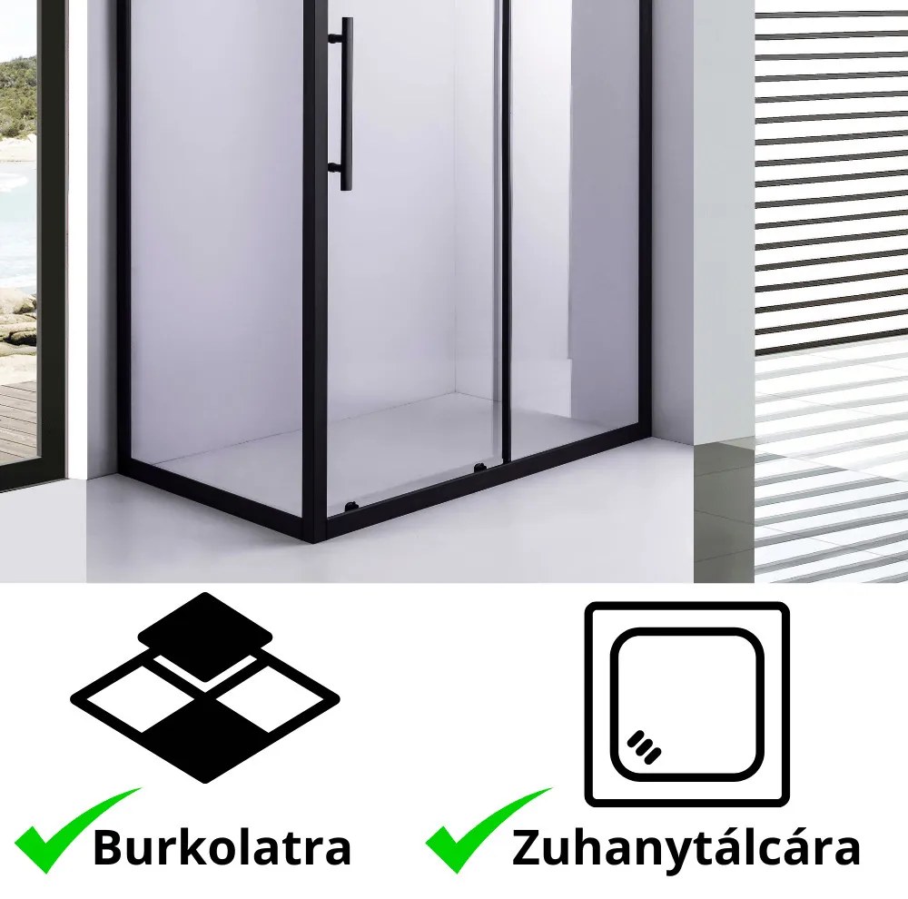 Stuxi Nizza Black 120x70 aszimmetrikus szögletes tolóajtós zuhanykabin 6 mm vízlepergető biztonsági üveggel, fekete elemekkel, 200 cm magas