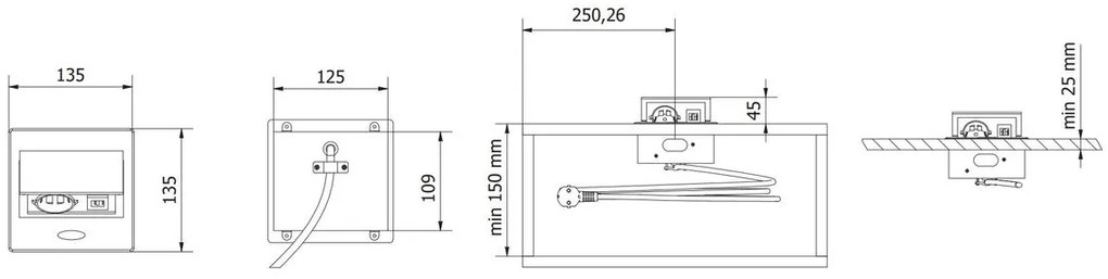 Konnektor, pultba süllyeszthető, fekvő, 1x dugalj, 2xUSB A, 1,5fm kábellel, fehér, AVARO