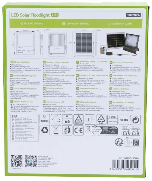 Aigostar - LED RGB állítható fényerőjű napelemes reflektor LED/150W/3,2V IP66 +