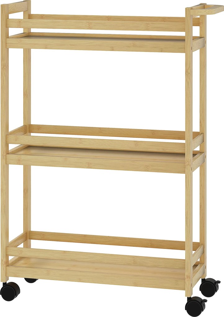 HOMCOM 3-szintes bambusz fürdőszobai tároló kocsi kerekekkel 55x20x75 cm Természetes | Aosom