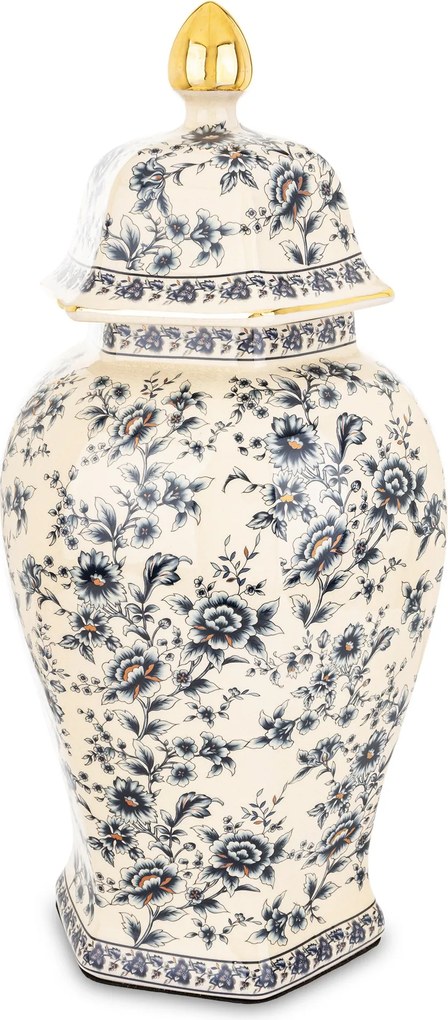 Kerámia tároló dekoratív váza Amfora virágok kék fedél