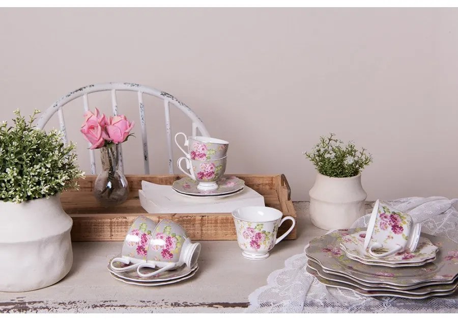 Klasszikus vintage stílusú porcelán csésze + alj 200 ml rózsaszín rózsás