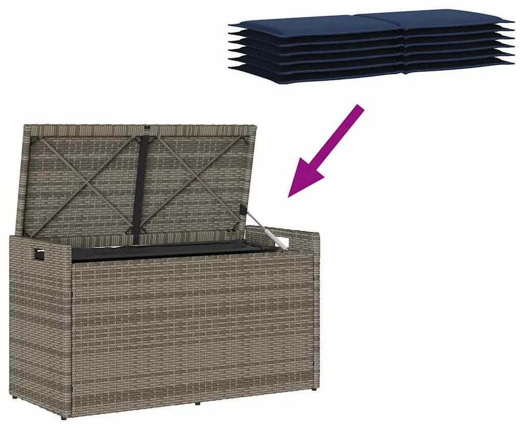 szürke polyrattan kültéri tárolópad párnával 100 cm