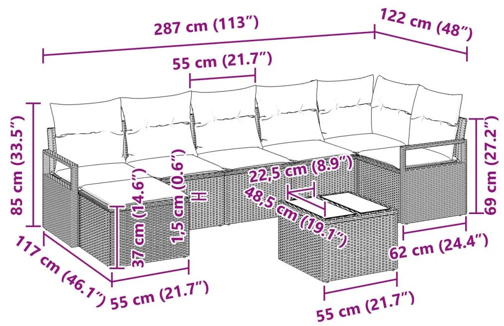 7 darabos kert kanapé szett párnákkal szürke poli rattan, 2 fős kert kanapé párnákkal barna poli rattan