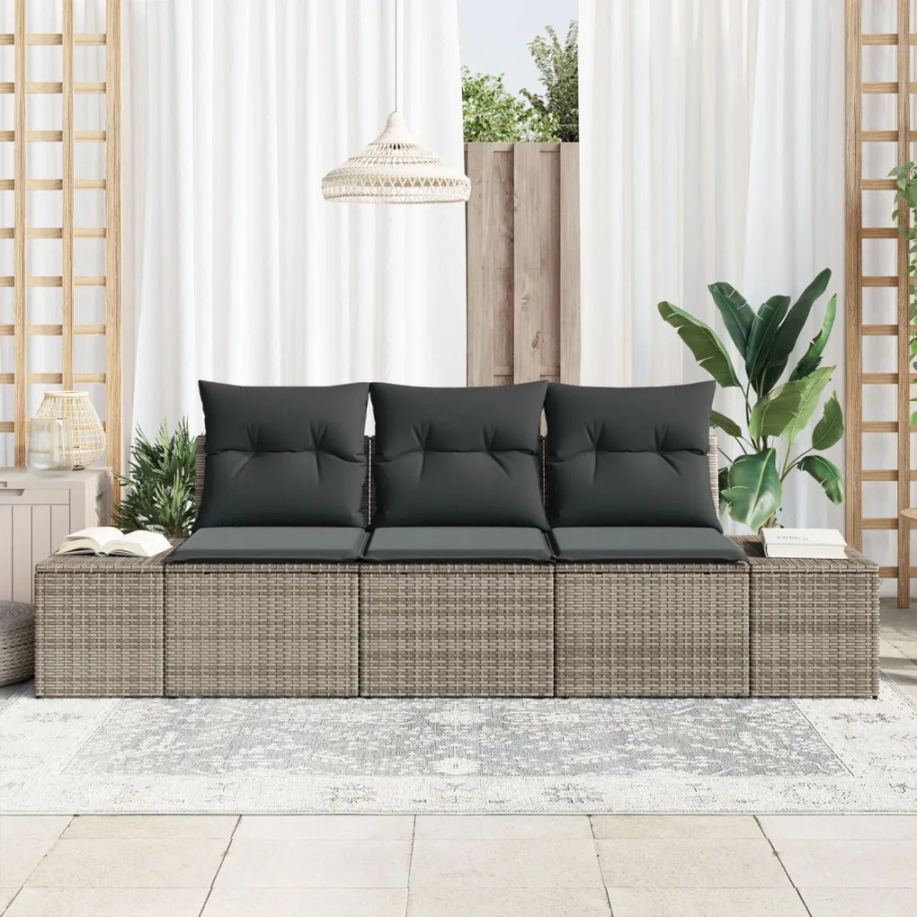3 darabos kert kanapé szett párnákkal, szürke, poly rattan