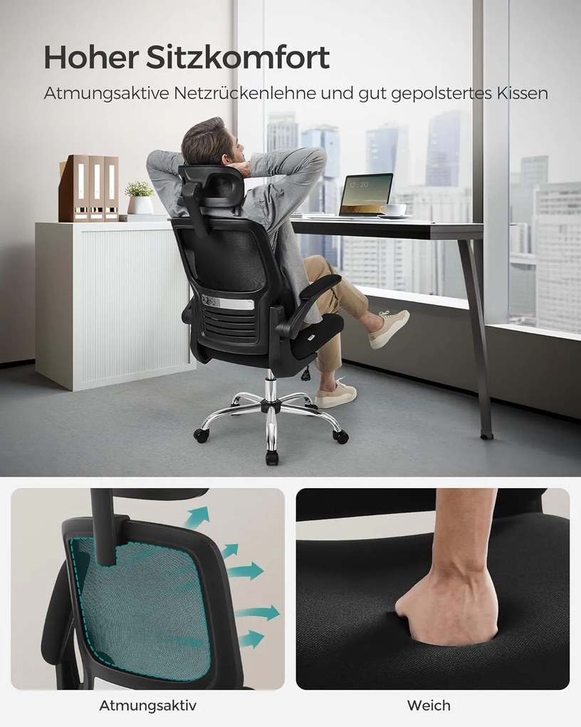 Irodai szék, ergonomikus, hálós szék deréktámasszal és állítható fejtámlával, fekete