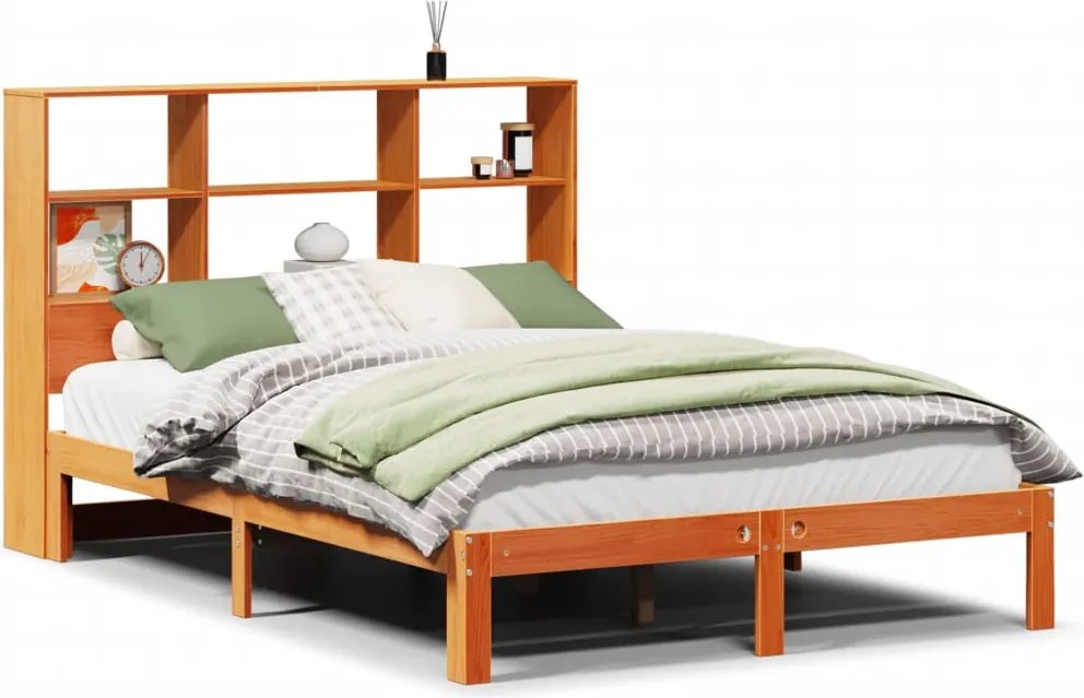 vidaXL barna tömör fenyőfa könyvespolcos ágy matrac nélkül 140 x 190cm