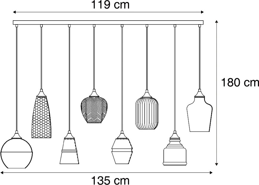 Art Deco függőlámpa fekete borostyánszínű üveggel 8-lámpás - Hanne