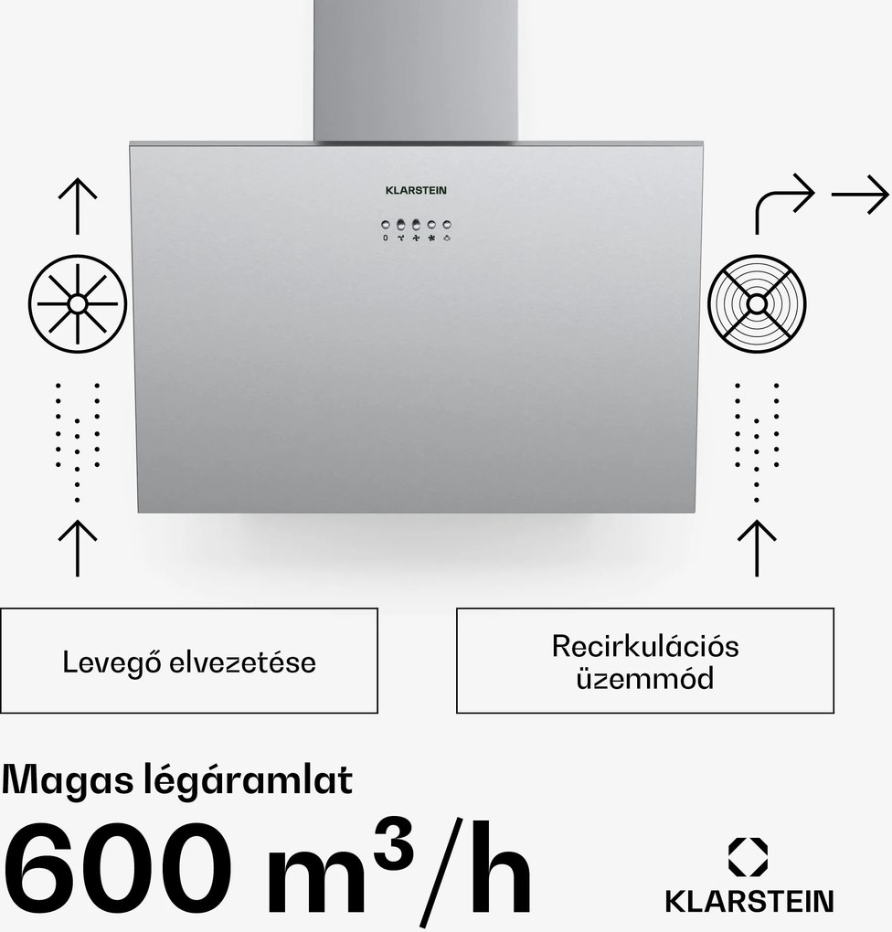 Klarstein Silver Lining 60, páraelszívó, 60 cm, 600 m³/ó, A energiahatékonysági osztály, nemesacél